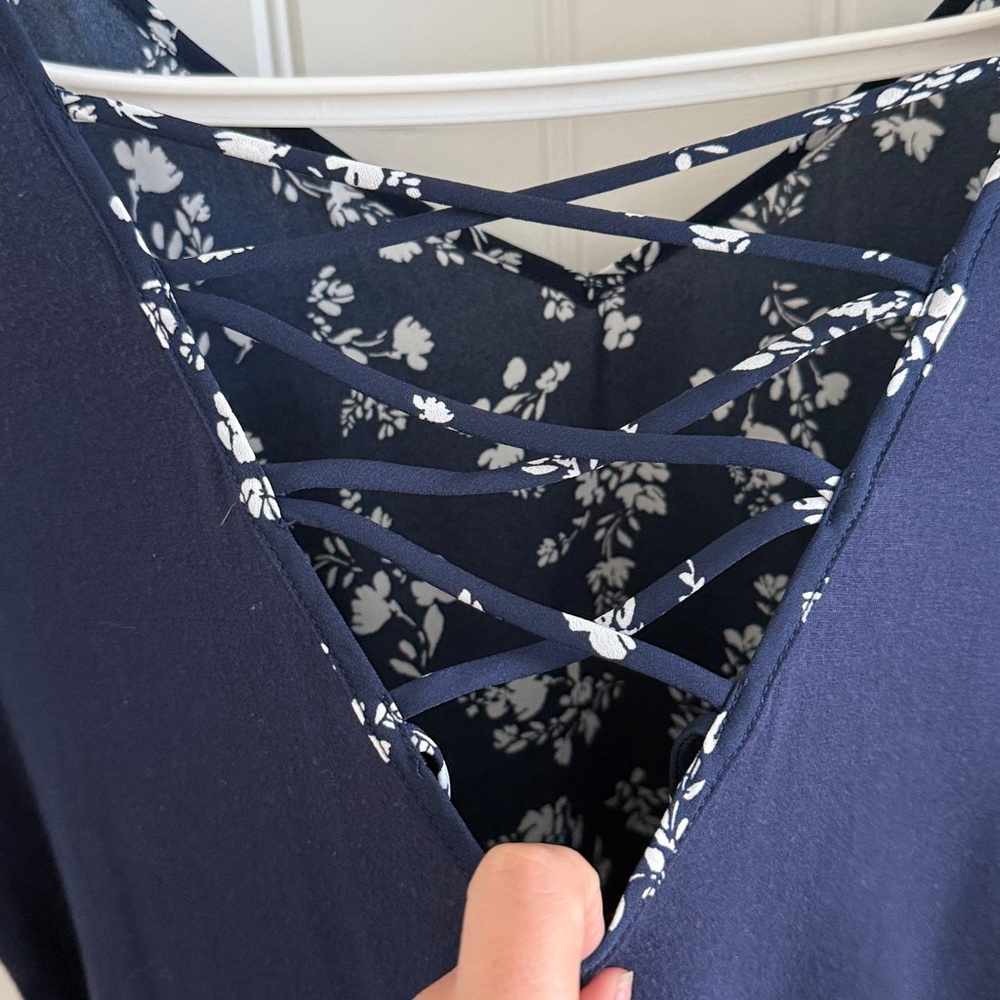 Floral Navy Blouse with Crisscross Back - Picture 4 of 4